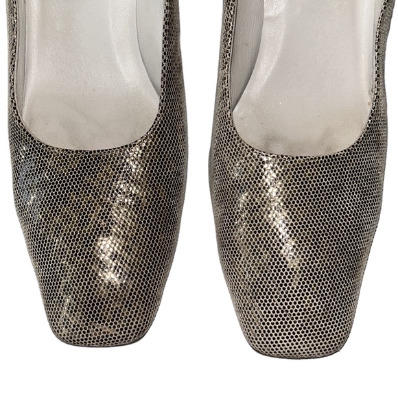 Stuart Weitzman Vintage Metallic Gold Faux Snakeskin Block Kitten Heels - 9 - Picture 6 of 14